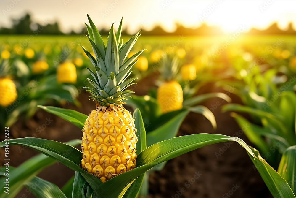 Bright sunlight illuminates a serene pineapple field, where neat rows of plants showcase emerging green and yellow fruits. Nature thrives in this lush agricultural landscape Bright sunlight illuminates a serene pineapple field, where neat rows of plants showcase emerging green and yellow fruits. Nature thrives in this lush agricultural landscape
