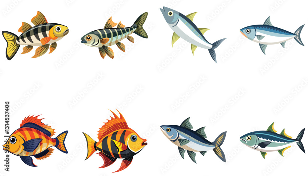 Fototapeta premium A collection of colorful, stylized fish illustrations showcasing various species with unique patterns and vibrant hues.