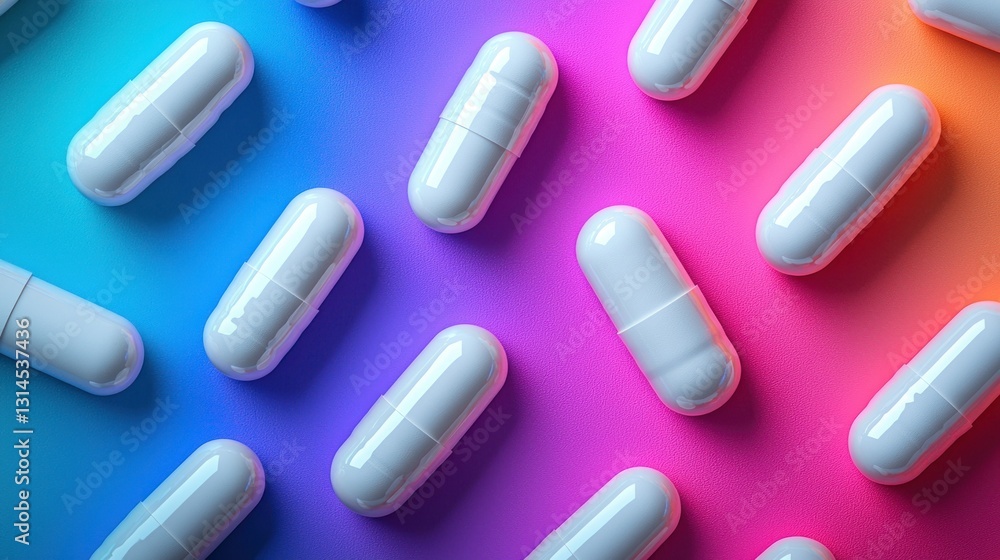 White capsules scattered on vibrant gradient background White capsules scattered on vibrant gradient background