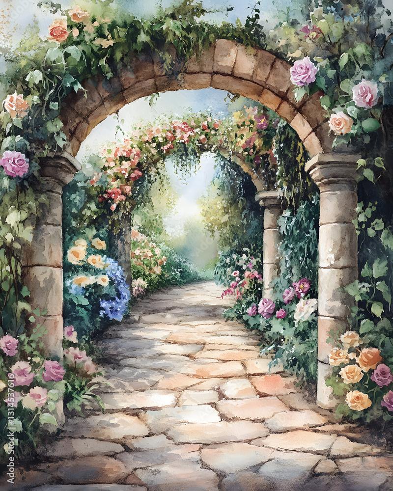 Fototapeta premium Entrance to old castle through stone archway in garden pathway
