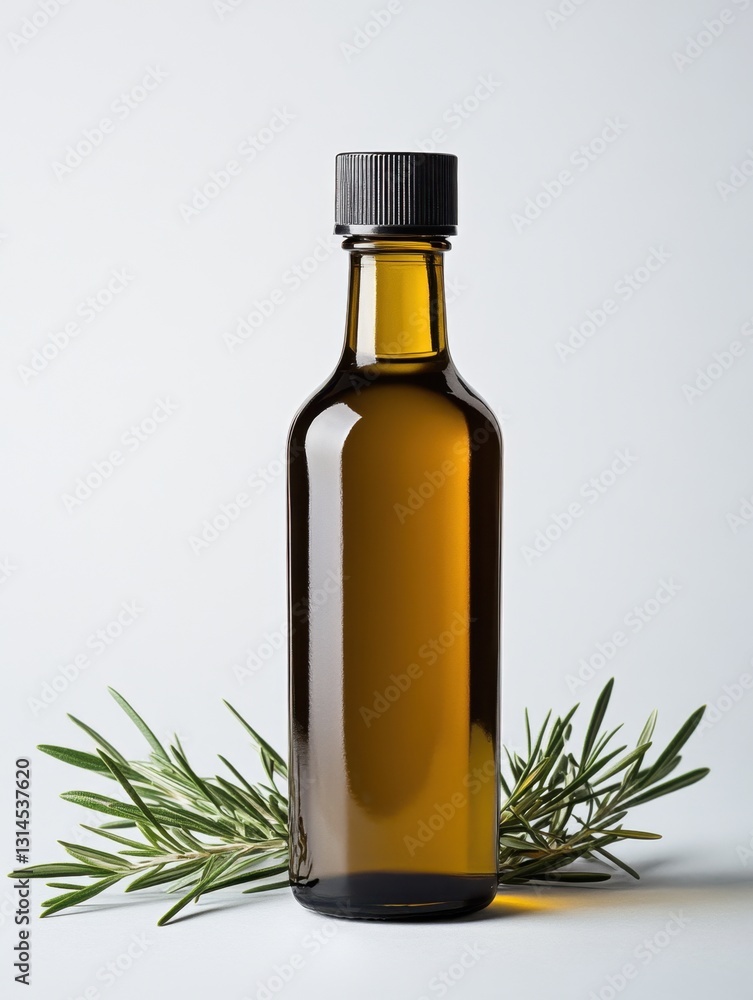 Elegant olive oil bottle with fresh rosemary sprigs on a clean white background in a studio shot with soft lighting Elegant olive oil bottle with fresh rosemary sprigs on a clean white background in a studio shot with soft lighting