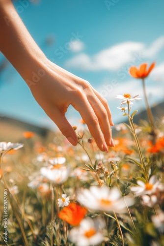 Obraz na płótnie Hand of an elegant female touching flowers in wild flower field in Spring. w salonie