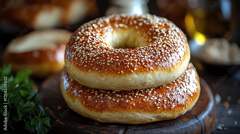 Freshly baked sesame bagels stacked elegantly on a wooden board. Freshly baked sesame bagels stacked elegantly on a wooden board.
