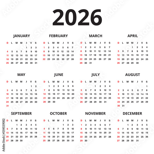 One sheet 2026 english language calendar isolated on a white background