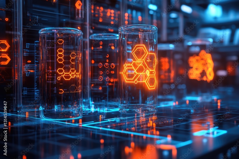 Futuristic Laboratory: Orange and Blue Neon Hexagon Molecular Structures in Glass Cylinders Futuristic Laboratory: Orange and Blue Neon Hexagon Molecular Structures in Glass Cylinders