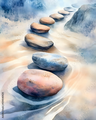 Zen stones balanced on a peaceful beach with water and sky background
