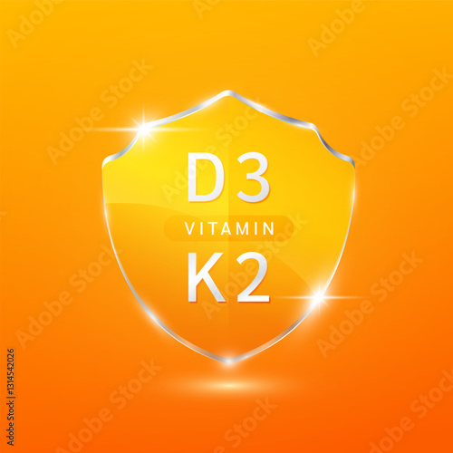 Vitamin D3 and Vitamin K2 in orange translucent glass shield modern. Helps nourish body bone heart. Used for design dietary supplement products. Medical health care protection concept. Vector.