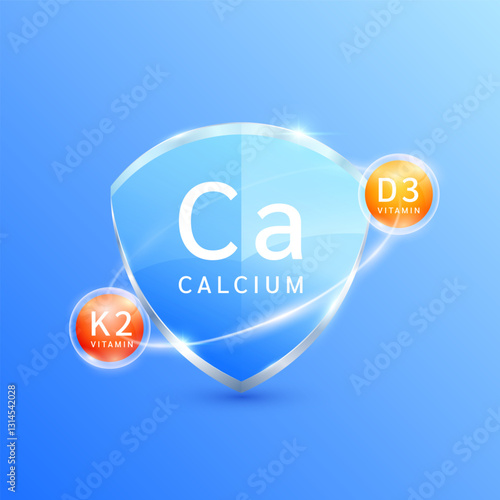 Calcium Ca in blue shield surrounded by Vitamin D3 Vitamin K2. Helps nourish body bone heart. Used for design dietary supplement products. Medical health care concept. Vector.