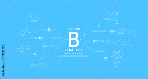 Vitamin B complex with chemical structure infographics. Water soluble vitamins nutrients essential for health. Used for design dietary supplement products. Medical science concept. Banner vector.