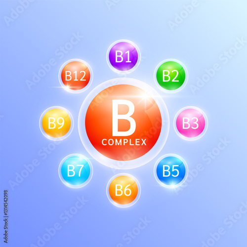 Red vitamin B complex. Surrounded by ball vitamins varicolored. Used for design dietary supplement products. Medical health care immunity protection concept. Vector.