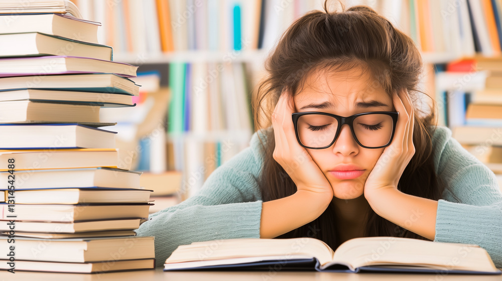 Tired Female Student with Glasses Studying in Library Tired Female Student with Glasses Studying in Library