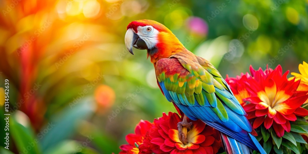 Obraz premium Vibrant Macaw Perched Amidst a Burst of Colorful Blossoms in a Lush, Tropical Garden Setting
