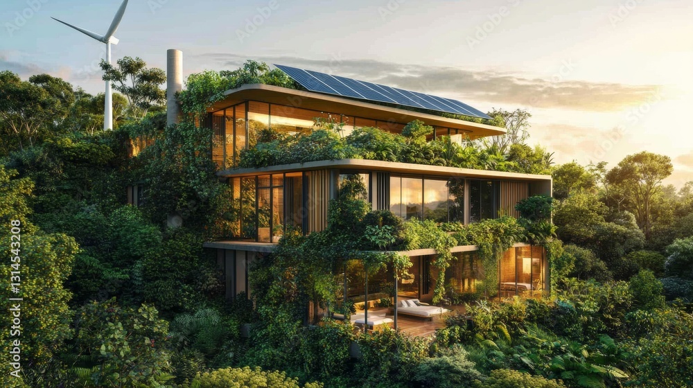 Ecological house with solar panels surrounded by vegetation Ecological house with solar panels surrounded by vegetation