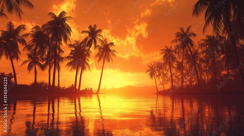 Golden Hour Serenity: Palm Trees Reflecting in Calm Tropical Waters Golden Hour Serenity: Palm Trees Reflecting in Calm Tropical Waters