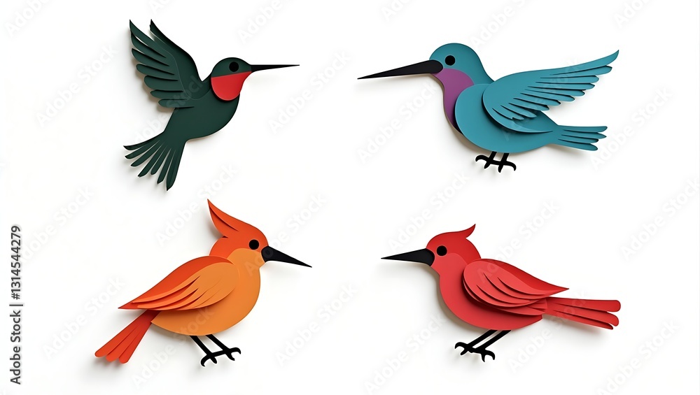 Obraz premium Four stylized birds in a layered paper-cut style: a green-red swallow, a teal-purple hummingbird, a blue-orange kingfisher, and a red cardinal, set in a grid layout.