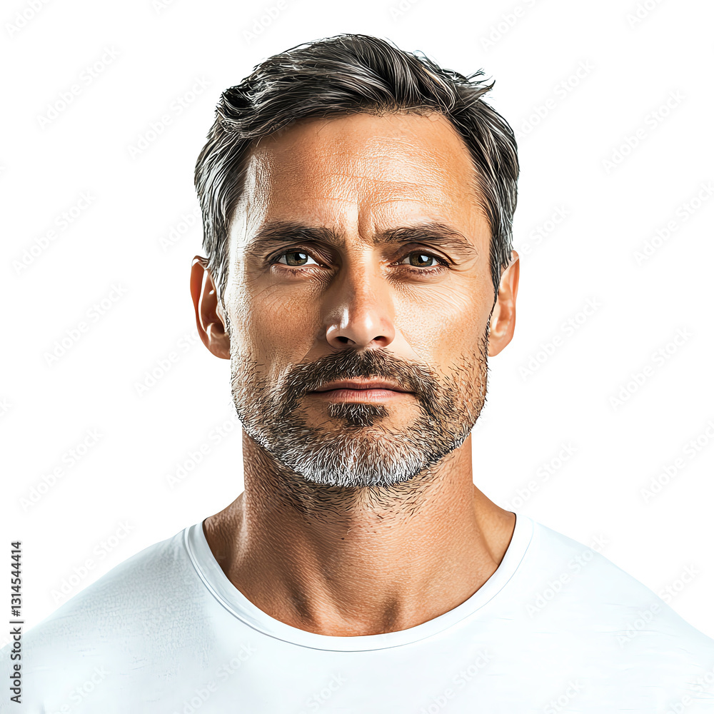 Obraz premium Portrait of a Middle Aged Man with Graying Hair and Beard Wearing a White T Shirt Against a White Background