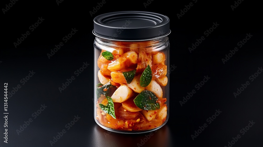 Spicy kimchi with garlic and herbs in a glass jar. A vibrant and flavorful condiment. Spicy kimchi with garlic and herbs in a glass jar. A vibrant and flavorful condiment.