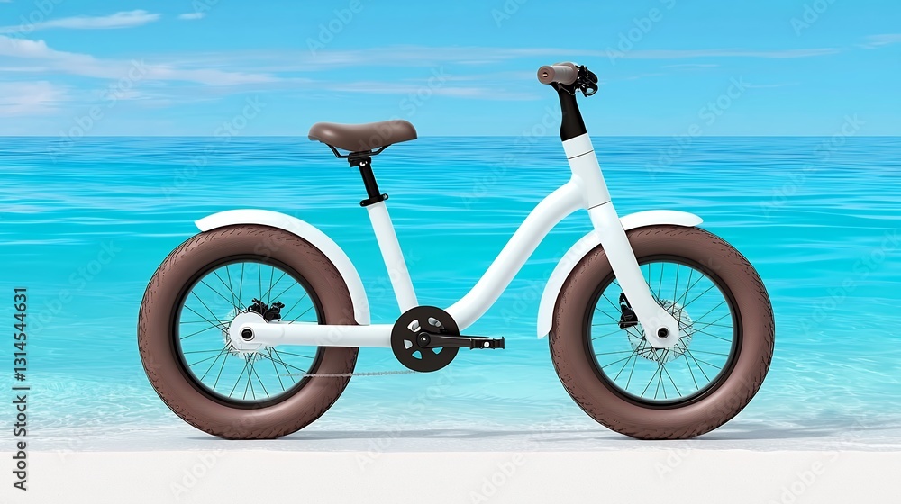 Fototapeta premium White Fat Tire Bicycle on Sandy Beach near Turquoise Ocean