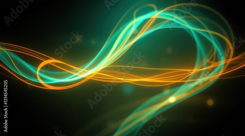 Golden-orange light trails from a dynamic abstract pattern against a futuristic backdrop.