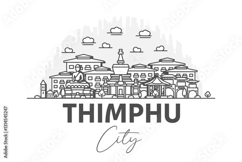 Thimphu, Bhutan architecture line skyline illustration with shadows. Linear vector cityscape with famous landmarks, city sights, design icons.