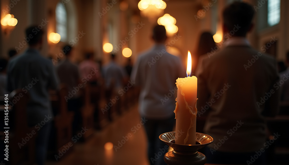Candle burning in a dimly lit church during a congregation Candle burning in a dimly lit church during a congregation