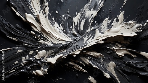Abstract Splashes of Black and White Paint Create Dynamic Motion on a Textured Surface