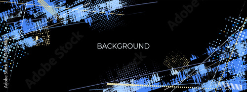 Abstract blue sports design on black background. Halftone dots pattern texture. Design of banner, poster, sports background. Vector illustration.	