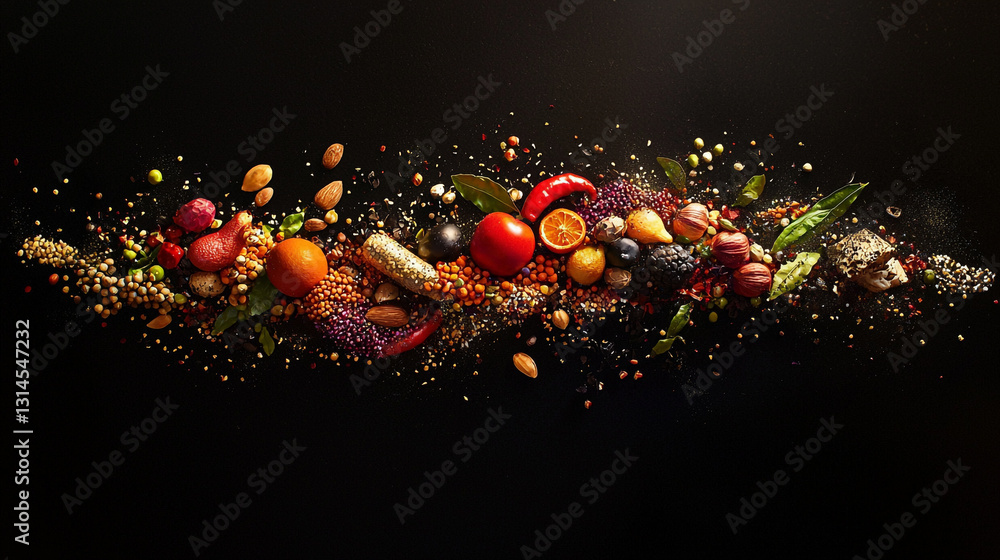 Naklejka premium Vibrant food explosion colorful spices nuts fruits healthy eating on transparent background dark diet