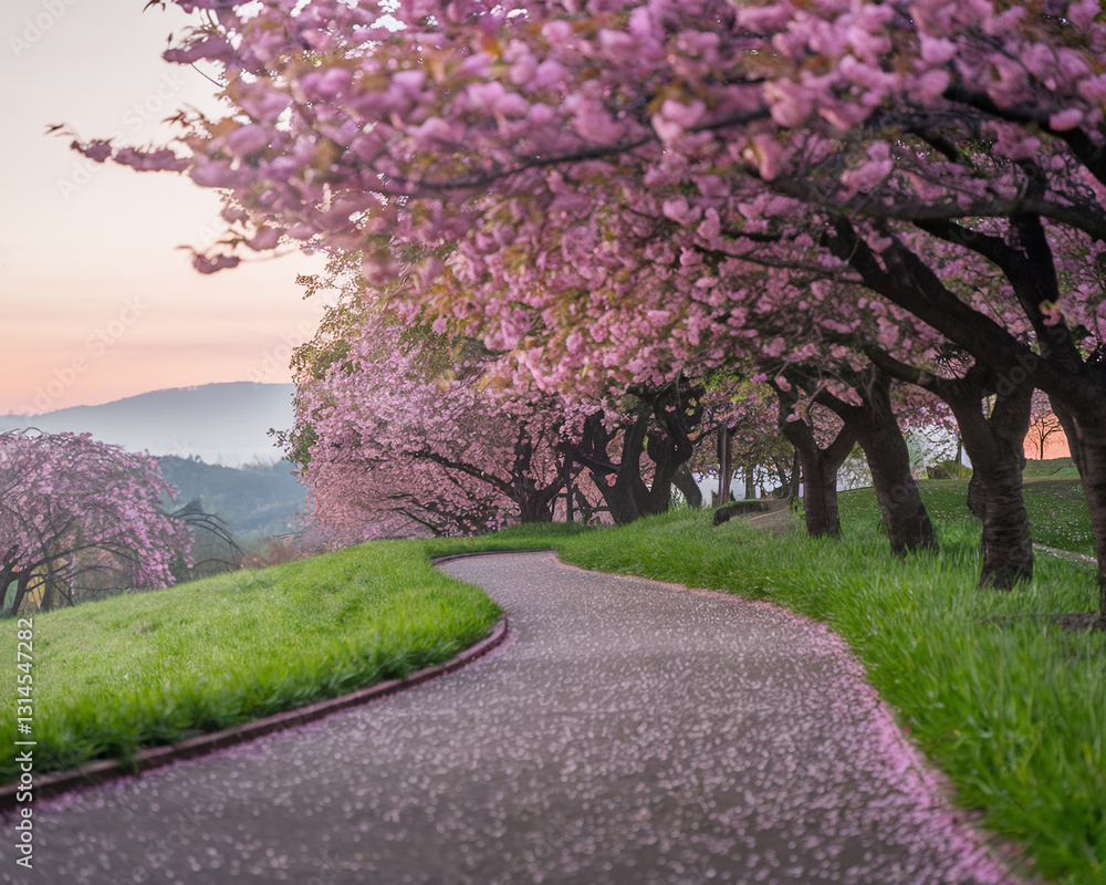 Fototapeta premium Pink cherry blossoms line a curved path, creating a serene spring scene at sunrise, showcasing tranquility and natural beauty