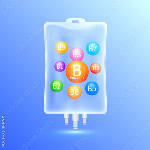 Vitamin B complex in translucent saline bag on blue background. Used for design dietary supplement products. Medical health care concept. Vector.