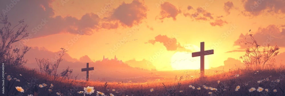 Sunrise over a serene Easter landscape with crosses and blooming flowers Sunrise over a serene Easter landscape with crosses and blooming flowers