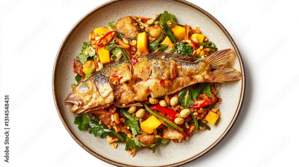 Elegant Ceramic Plate with Fish and Colorful Vegetable Garnish Elegant Ceramic Plate with Fish and Colorful Vegetable Garnish