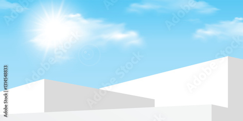 Sky Blue Cloud Background, White Podium Platform Step, Minimal 3d Display for Summer Cosmetic Product Presentation Banner Design, Vector Scene Nature Landscape of Spring Sky with Building wall