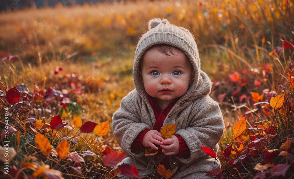 Baby is sitting in a field of autumn leaves. The baby is wearing a white coat and a hat Baby is sitting in a field of autumn leaves. The baby is wearing a white coat and a hat
