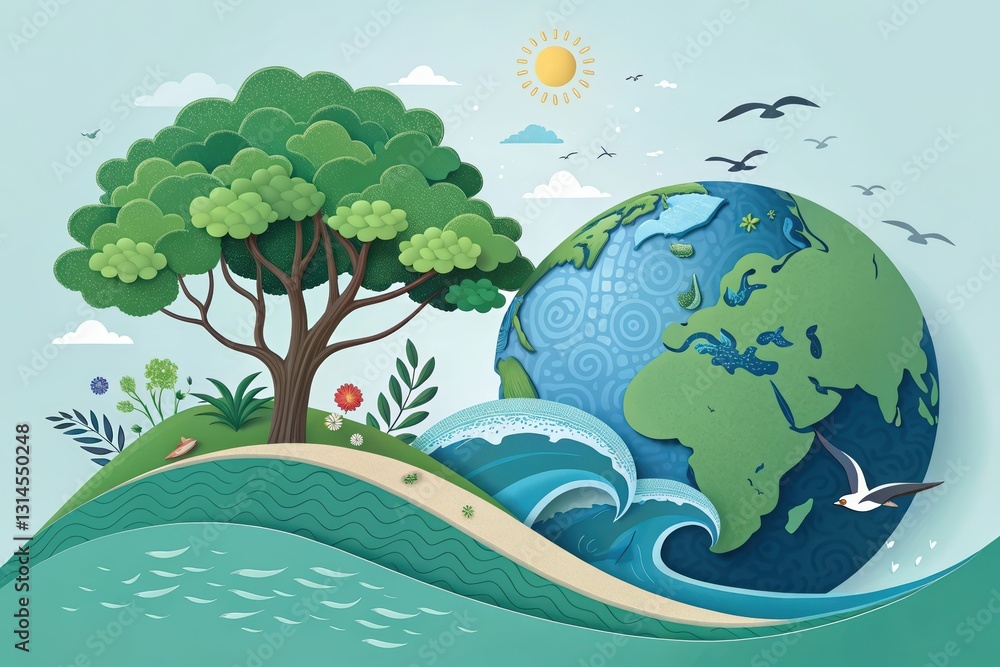 Naklejka premium A vibrant illustration of Earth surrounded by waves, trees, and birds, symbolizing nature's beauty and environmental harmony.