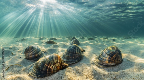 Sunbeams illuminate seashells on sandy ocean floor photo