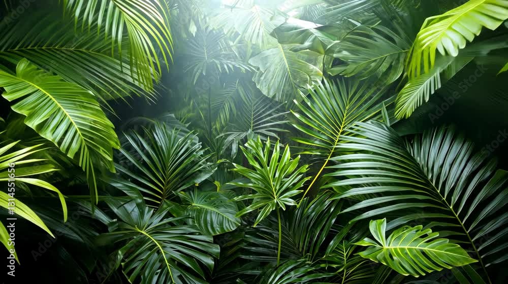 Lush Green Rainforest Canopy Dense Jungle with Layered Leaves and Sunlight Filtering Through in Tropical Paradise