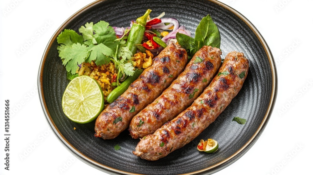 Delicious Luxury Ceramic Plate with Grilled Sausages and Garnish Delicious Luxury Ceramic Plate with Grilled Sausages and Garnish