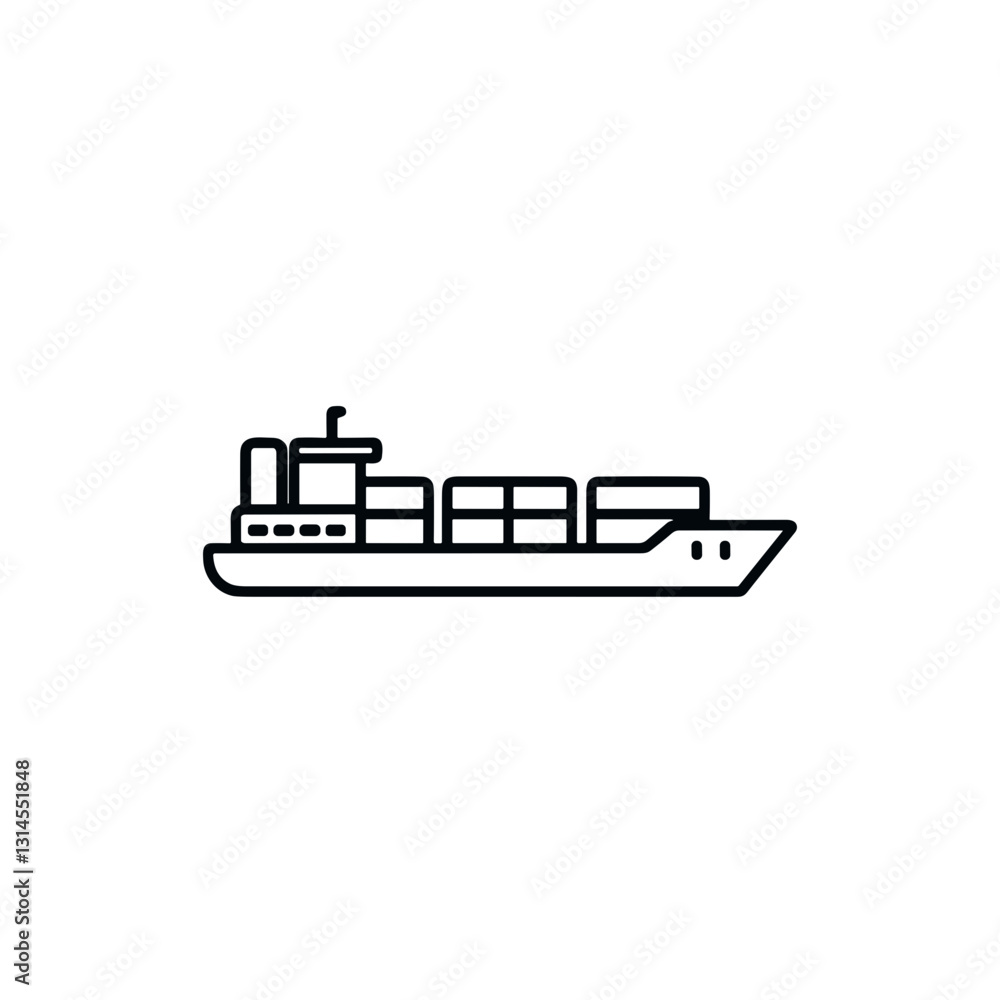 Minimalist cargo ship icon in black line art on transparent background Minimalist cargo ship icon in black line art on transparent background