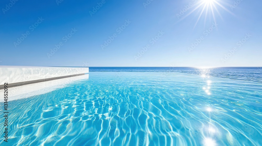 Fototapeta premium Infinity Pool Merges With The Ocean Under Blue Sky.