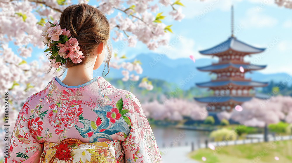 Girl with a floral hair accessory, walking through cherry blossoms, with a traditional Japanese building in the background. AI Generated Images Girl with a floral hair accessory, walking through cherry blossoms, with a traditional Japanese building in the background. AI Generated Images