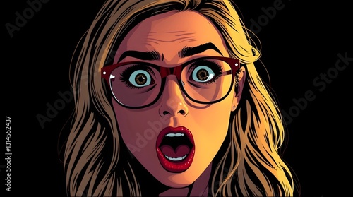 Face of a surprised young woman with mouth wide open, blond hair and wearing glasses, dark background. Illustration.