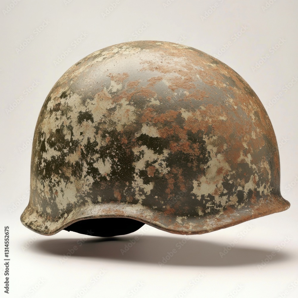 Obraz premium Historical military helmet showcasing wear and tear with a raw, stylized appearance