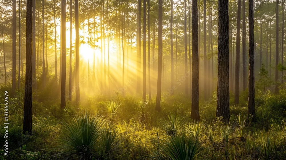 Fototapeta premium Sunbeams pierce misty pine forest at dawn (2)