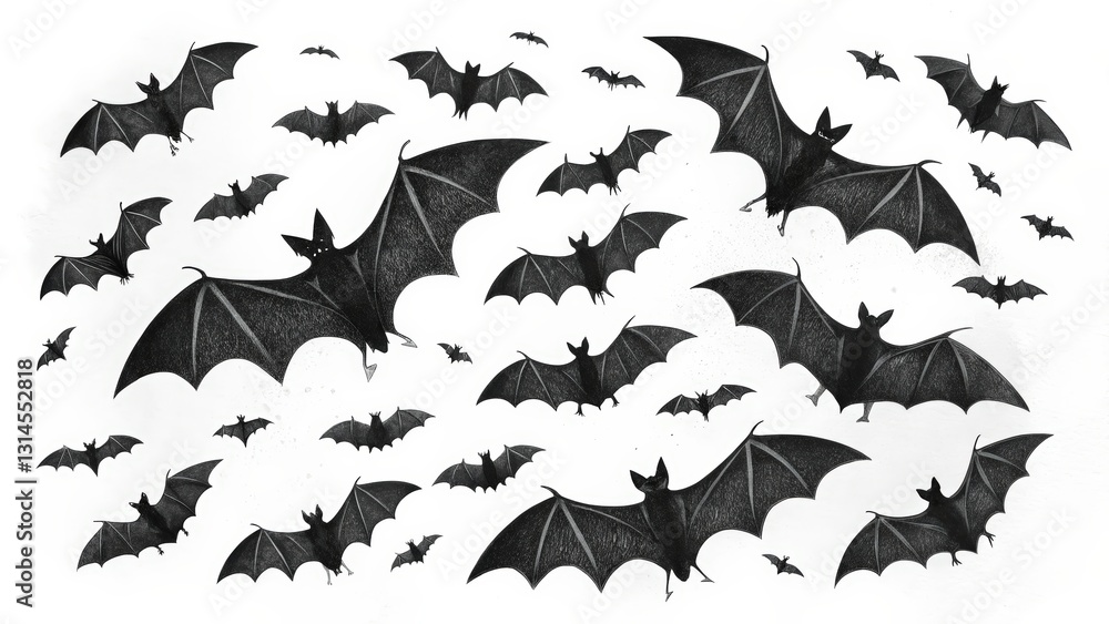 A chaotic arrangement of various black bats in flight, showcasing their wingspan and intricate details against a white background. A chaotic arrangement of various black bats in flight, showcasing their wingspan and intricate details against a white background.