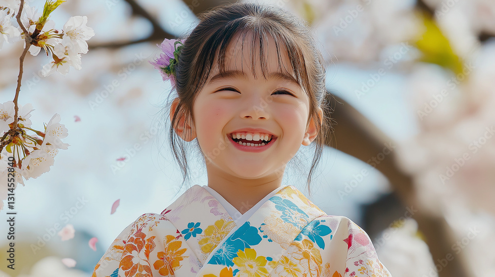 Young girl smiling under cherry blossoms during Hanami, with petals falling around her. AI Generated Images Young girl smiling under cherry blossoms during Hanami, with petals falling around her. AI Generated Images