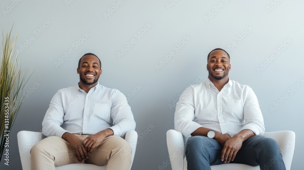 Fototapeta premium Two Jovial Men Sitting Side by Side in Classic Button Down Shirts
