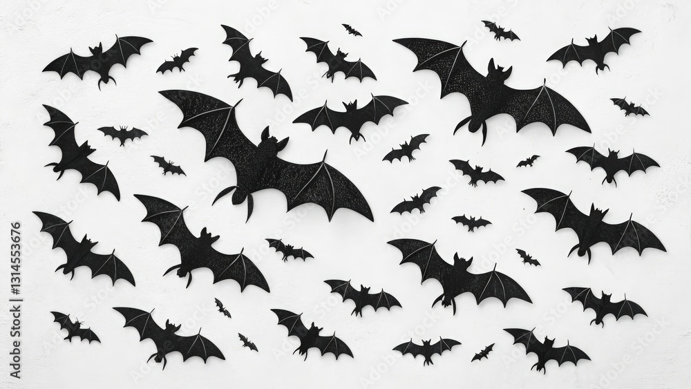 Obraz premium A collection of black bat silhouettes arranged against a white background, creating a spooky and dynamic visual effect.