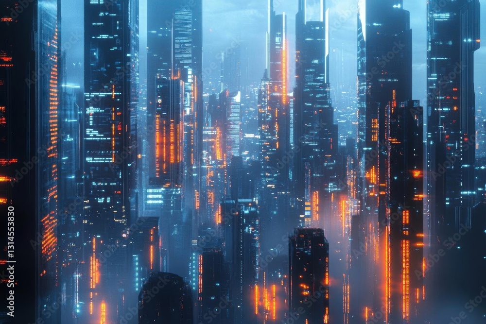 Fototapeta premium Cyberpunk Cityscape: A Futuristic Urban Landscape of Neon Lights and Glowing Towers