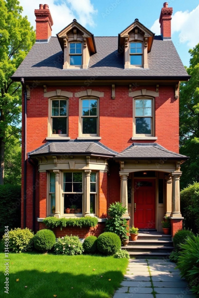 Classic red brick house exterior, multiple windows , wall texture, building facade, side Classic red brick house exterior, multiple windows , wall texture, building facade, side